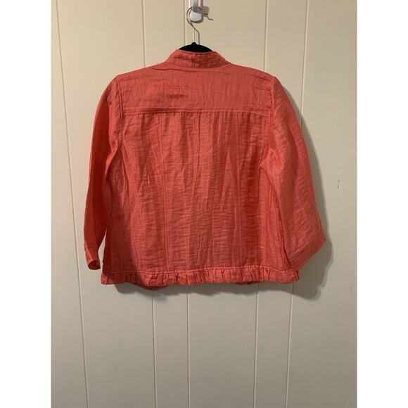 CHICOS Size 0 Womens Small S Linen Blend Top Ruffle Trim Jacket Coral Crinkle - Picture 3 of 7